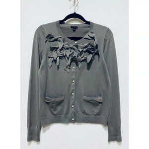 Ann Taylor Cardigan Sweater Womens Medium Gray Pearl Button Up Merino Wool Bows